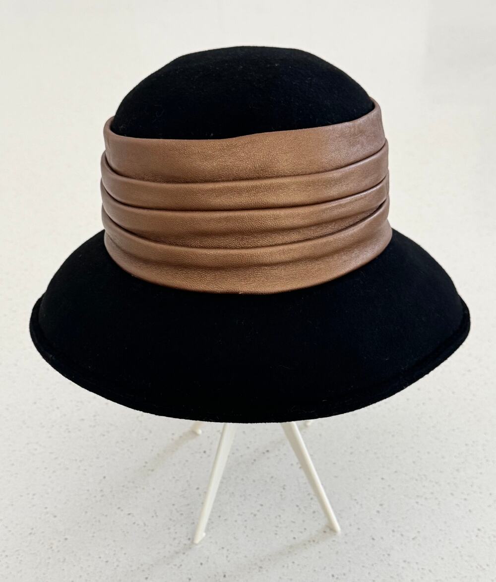 Whittall & Shon Black Wool Felt Cloche w/ Pleated Leather Caramel Color Band